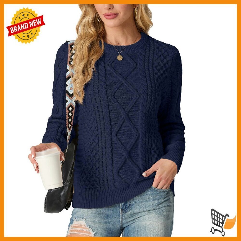 Chunky Cable Knit Pullover Sweater, 100% Acrylic, Vintage Crewneck